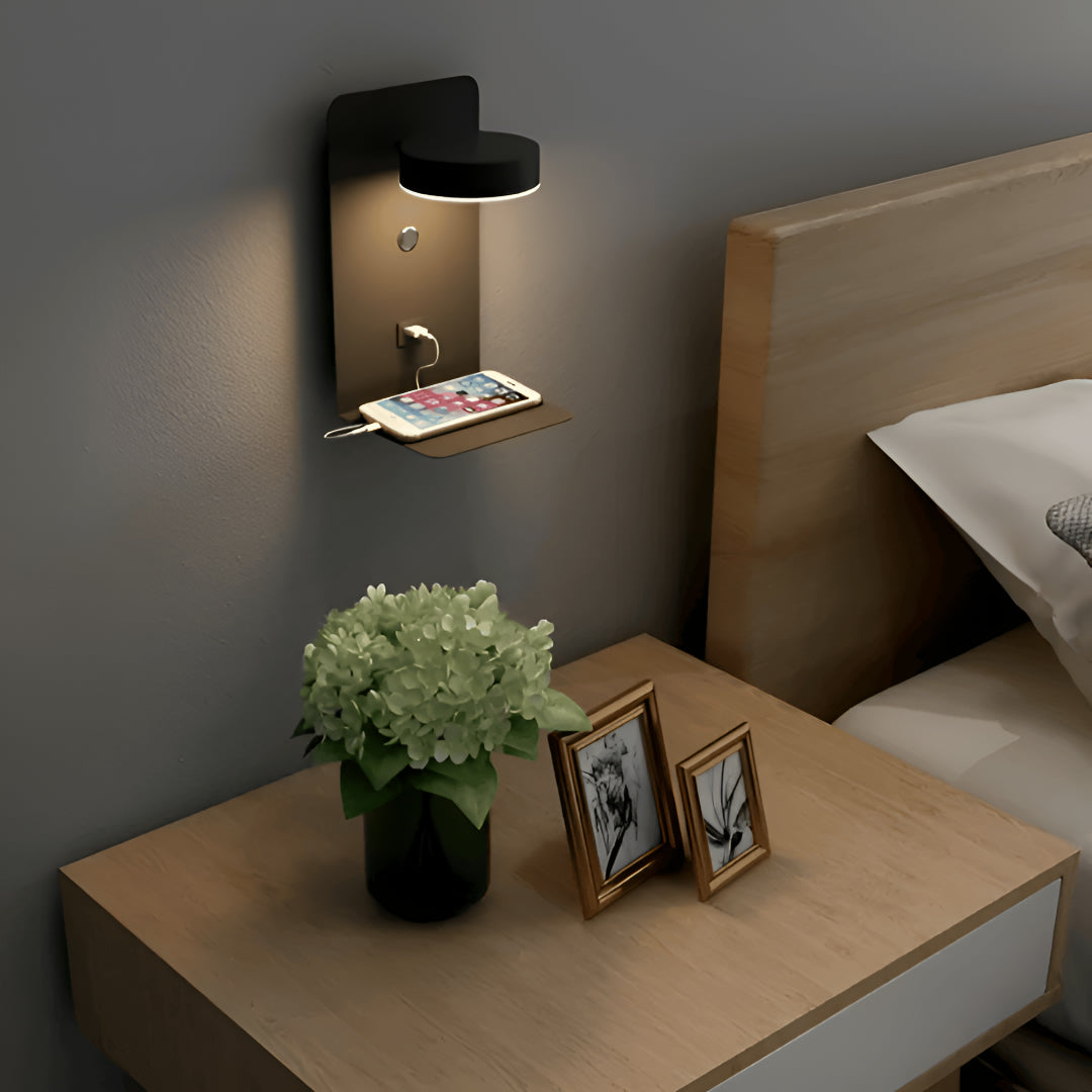 Bedside Wall Lamp Touch-Control Dimmable USB Shelf