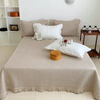 Bedspread Set Waffle Texture Ruffle Trim Quilted Pillowcase