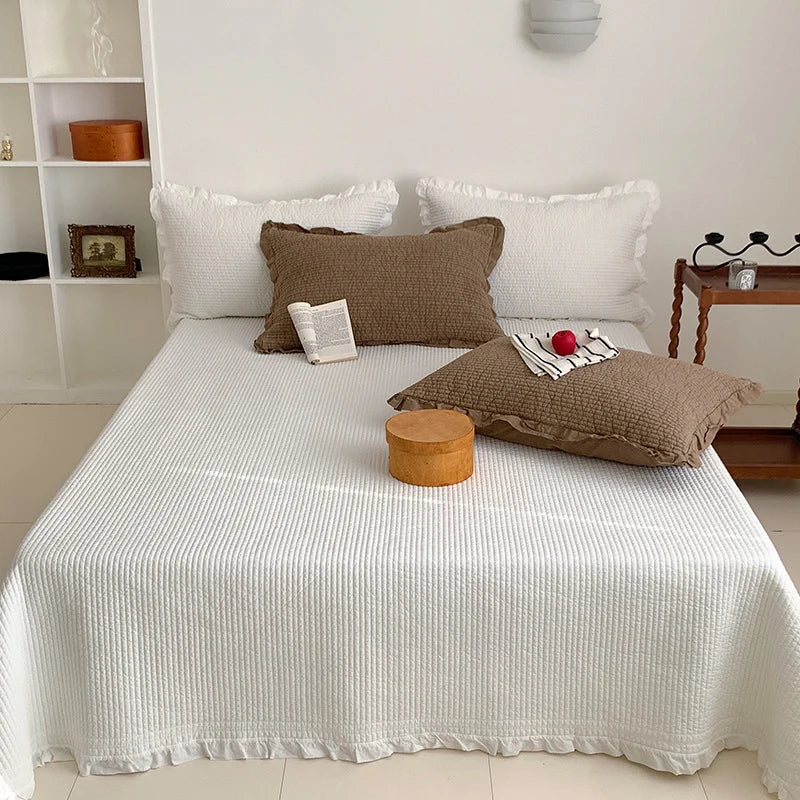 Bedspread Set Waffle Texture Ruffle Trim Quilted Pillowcase