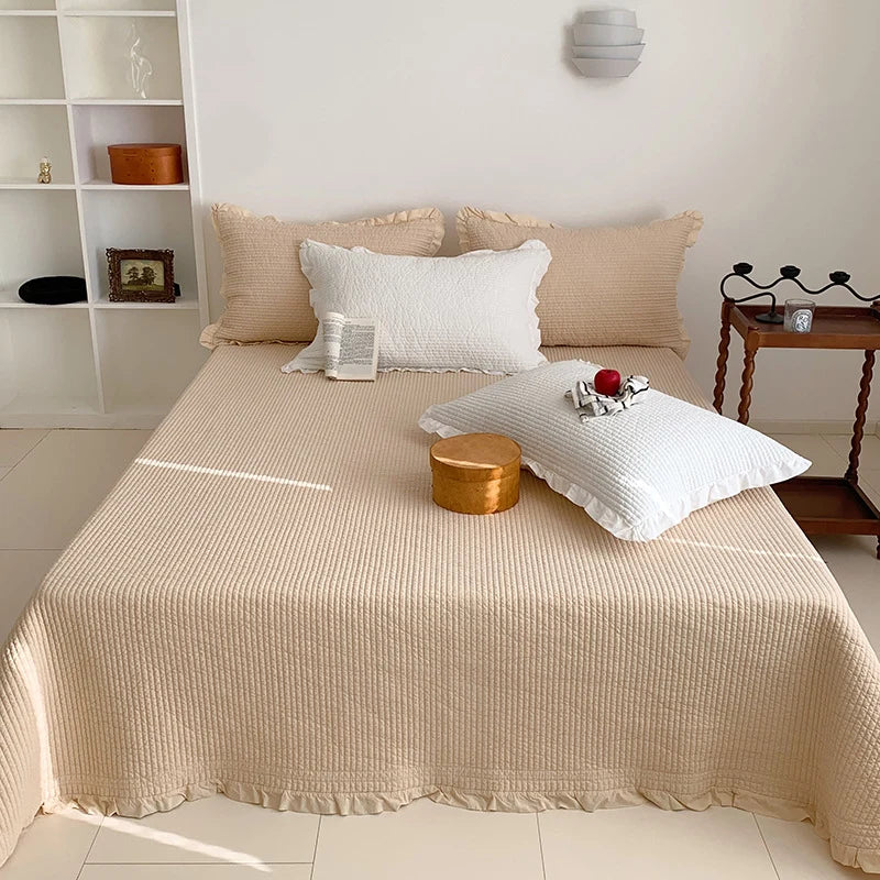 Bedspread Set Waffle Texture Ruffle Trim Quilted Pillowcase