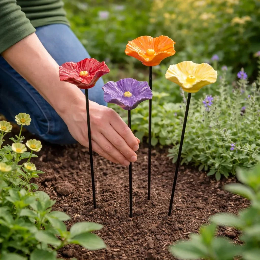 Bee Watering Stakes Glazed Ceramic Flower Design
