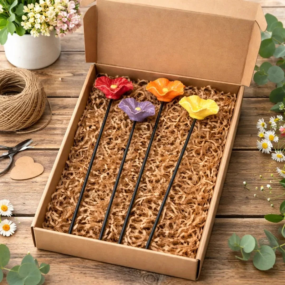 Bee Watering Stakes Glazed Ceramic Flower Design