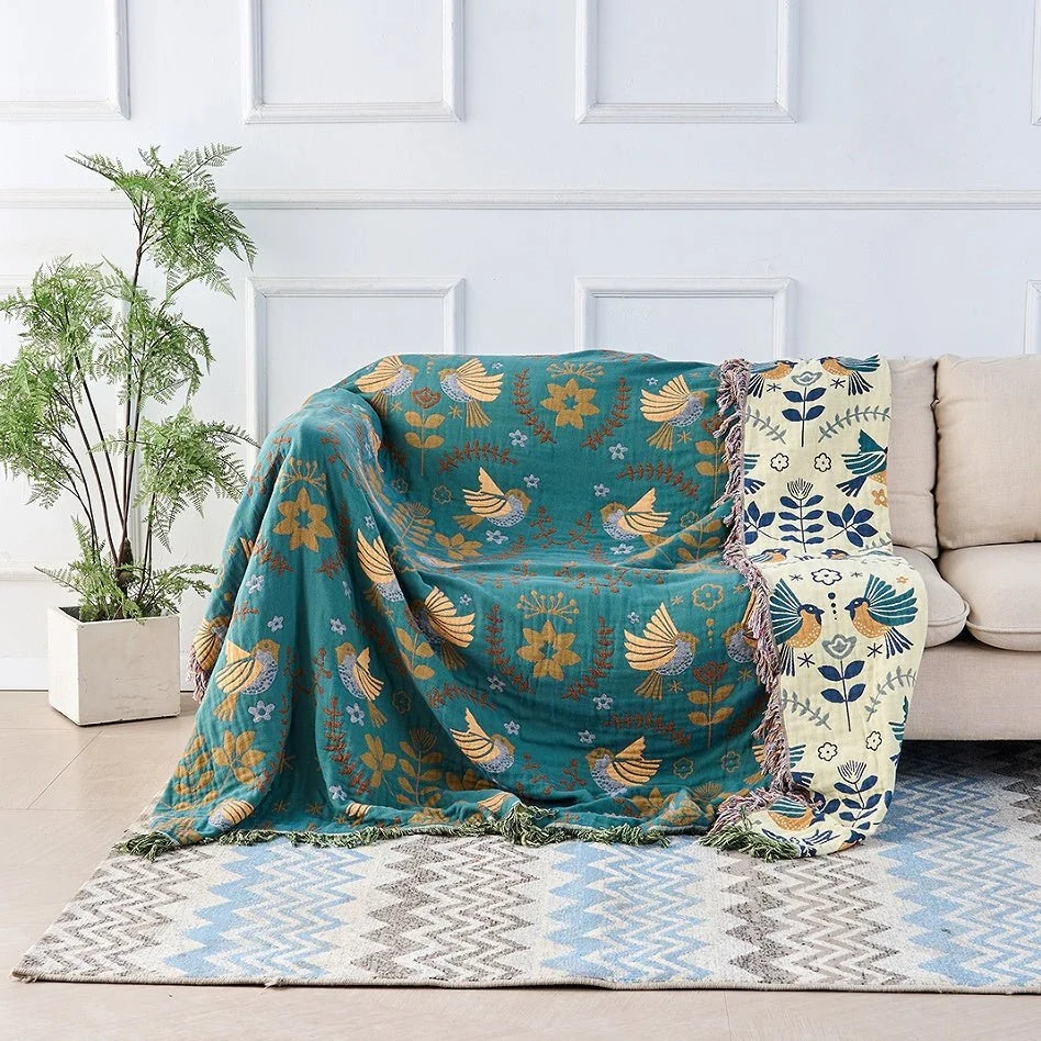 Blanket 100% Cotton Reversible Bird Design Machine Washable