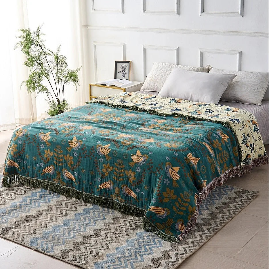 Blanket 100% Cotton Reversible Bird Design Machine Washable