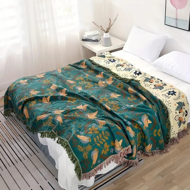Blanket 100% Cotton Reversible Bird Design Machine Washable