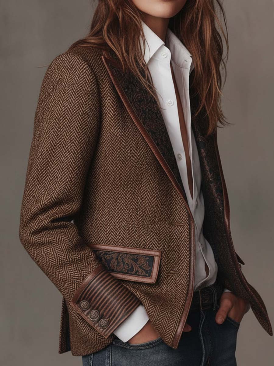 Blazer Herringbone Pattern Paisley Lapels Two-Button