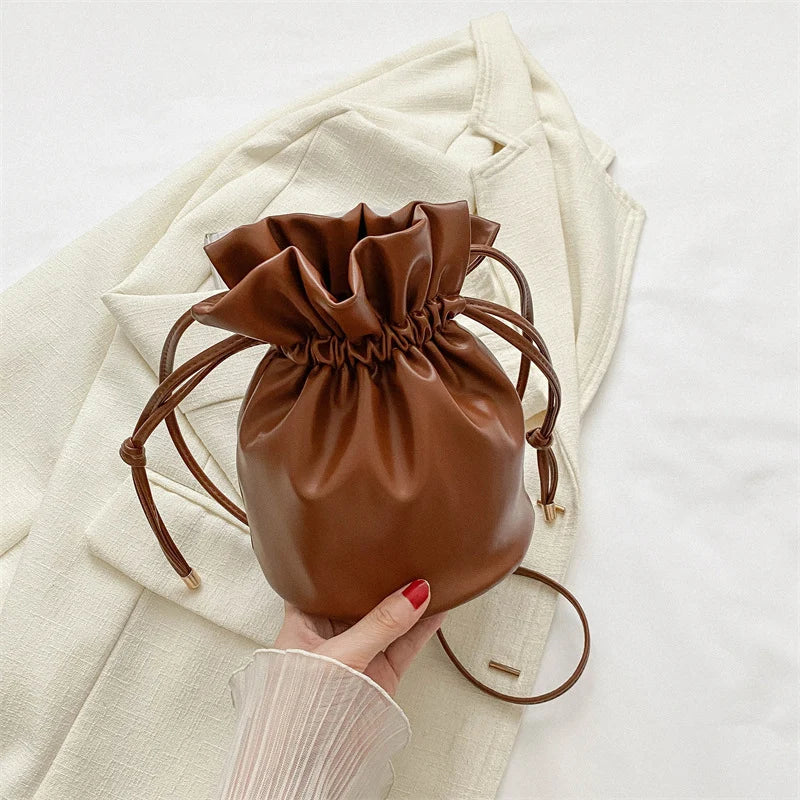 Bucket Bag Faux Leather Drawstring Adjustable Shoulder Strap