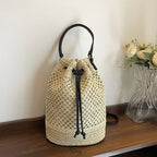 Bucket Bag Woven Drawstring Closure Shoulder Strap