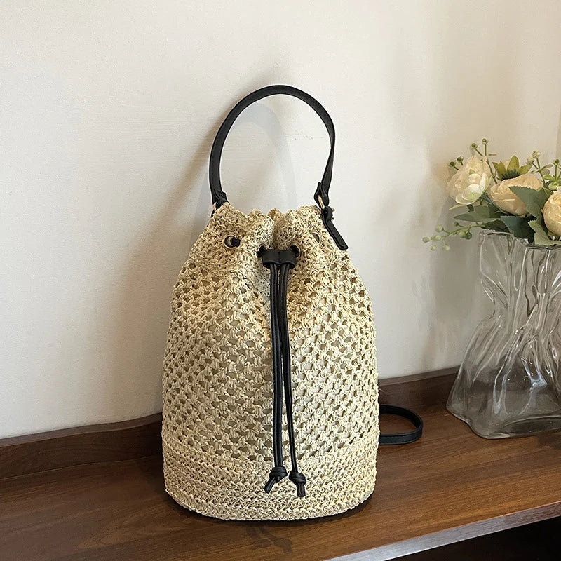 Bucket Bag Woven Drawstring Closure Shoulder Strap