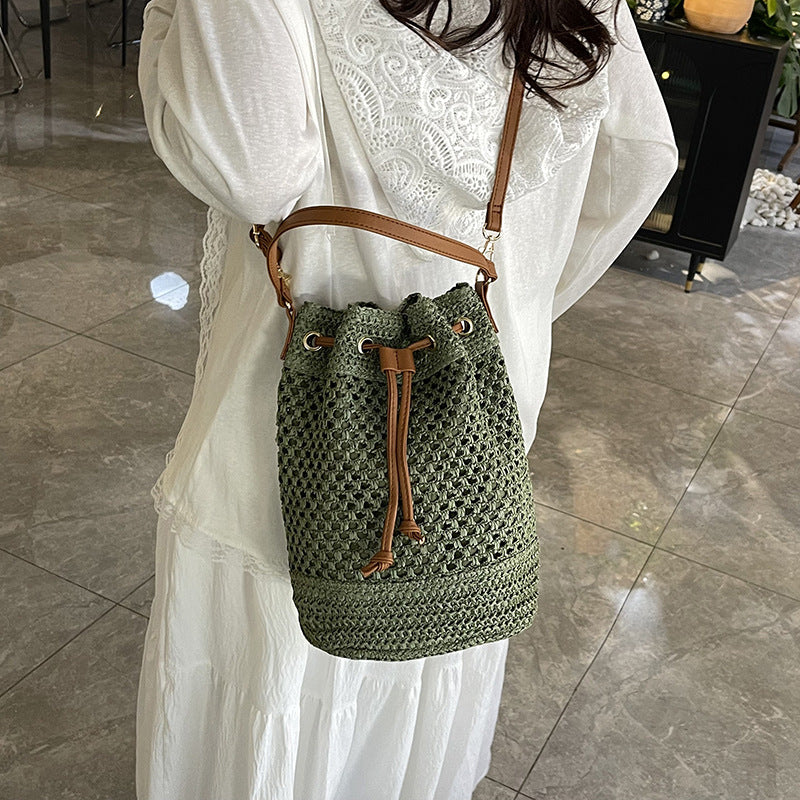 Bucket Bag Woven Drawstring Closure Shoulder Strap