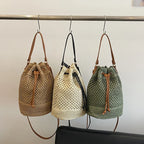 Bucket Bag Woven Drawstring Closure Shoulder Strap