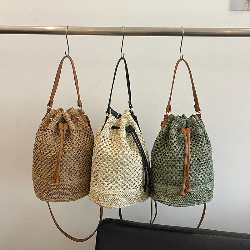 Bucket Bag Woven Drawstring Closure Shoulder Strap