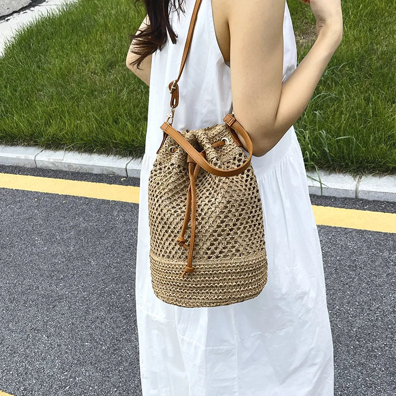 Bucket Bag Woven Drawstring Closure Shoulder Strap