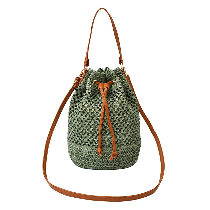 Bucket Bag Woven Drawstring Closure Shoulder Strap