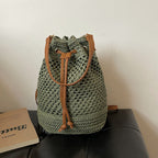 Bucket Bag Woven Drawstring Closure Shoulder Strap