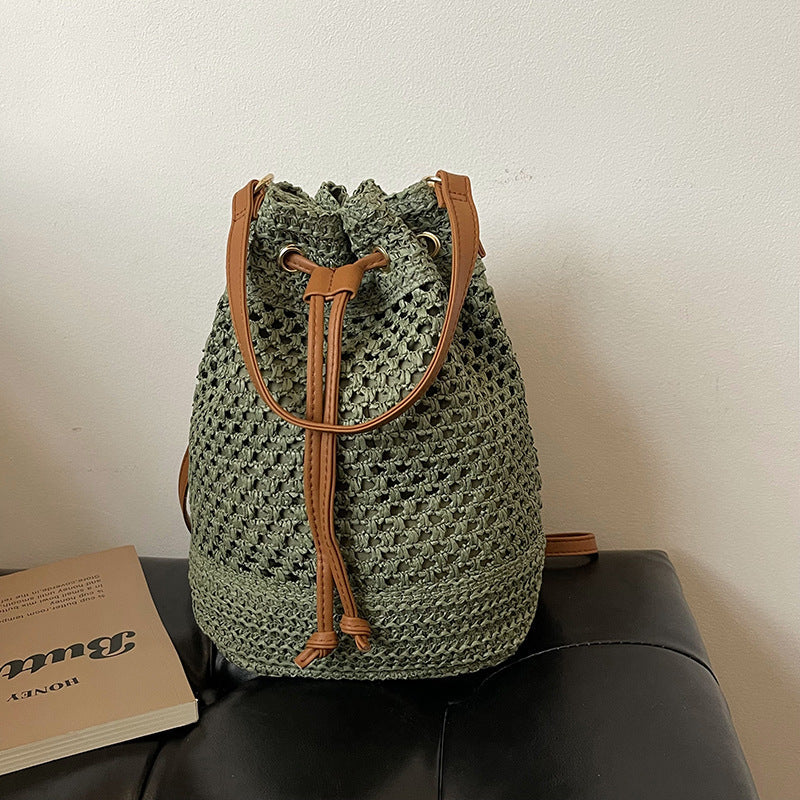 Bucket Bag Woven Drawstring Closure Shoulder Strap