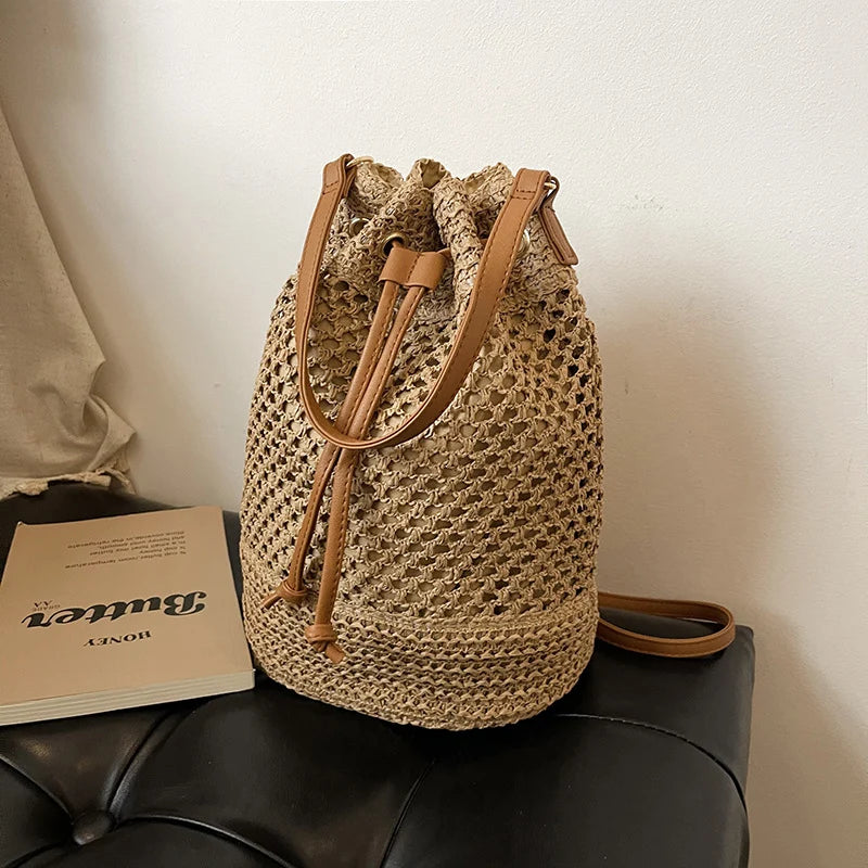 Bucket Bag Woven Drawstring Closure Shoulder Strap
