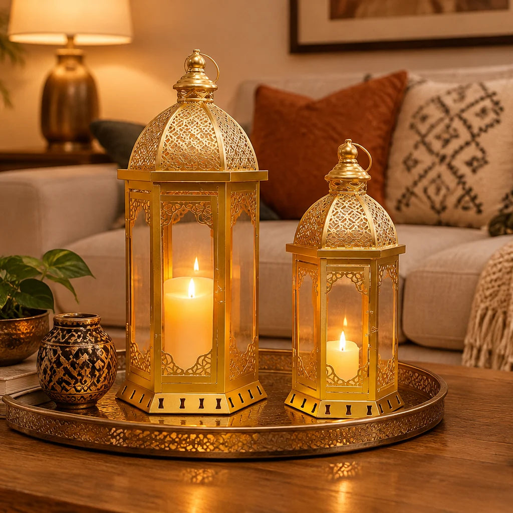 Candle Lantern Set Moroccan-Inspired Metal & Glass 2-Piece
