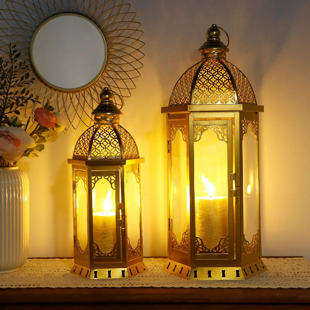 Candle Lantern Set Moroccan-Inspired Metal & Glass 2-Piece