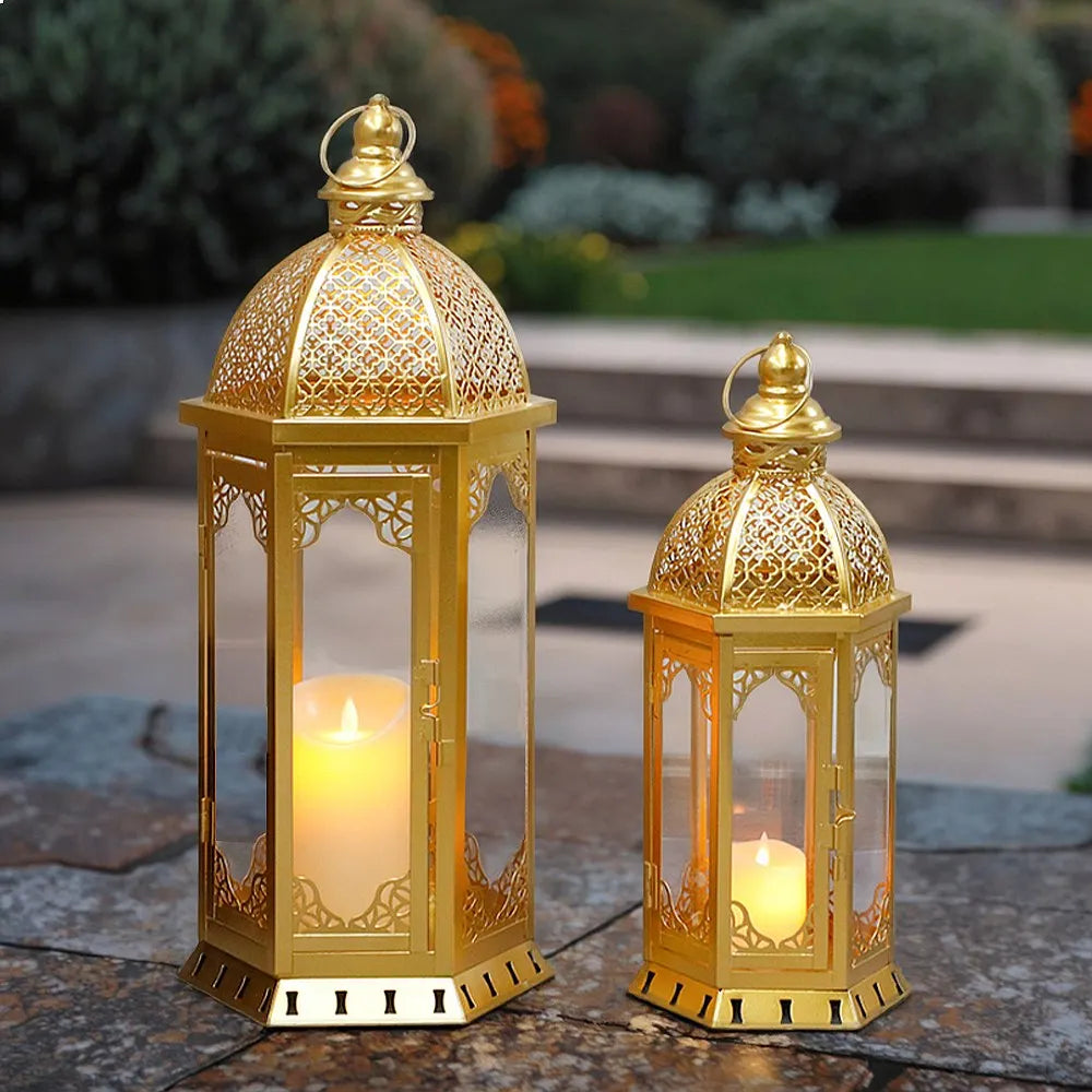 Candle Lantern Set Moroccan-Inspired Metal & Glass 2-Piece