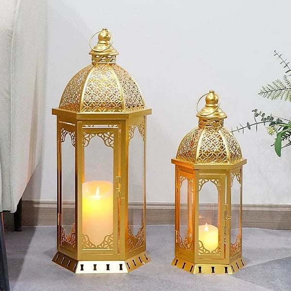 Candle Lantern Set Moroccan-Inspired Metal & Glass 2-Piece