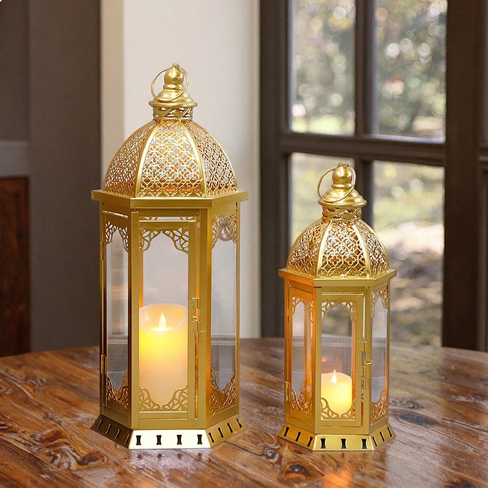 Candle Lantern Set Moroccan-Inspired Metal & Glass 2-Piece