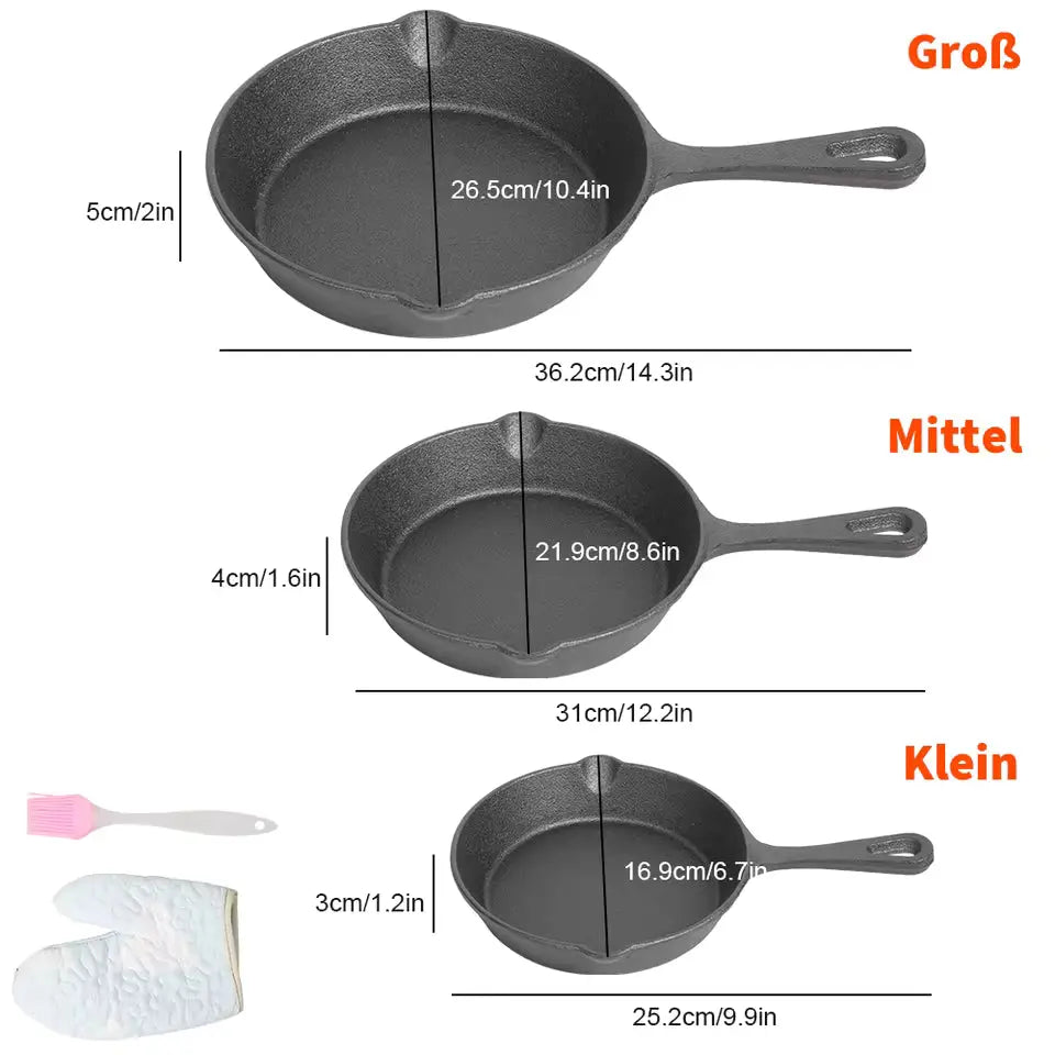 Cast Iron Pan Set 3-Piece Even Heat