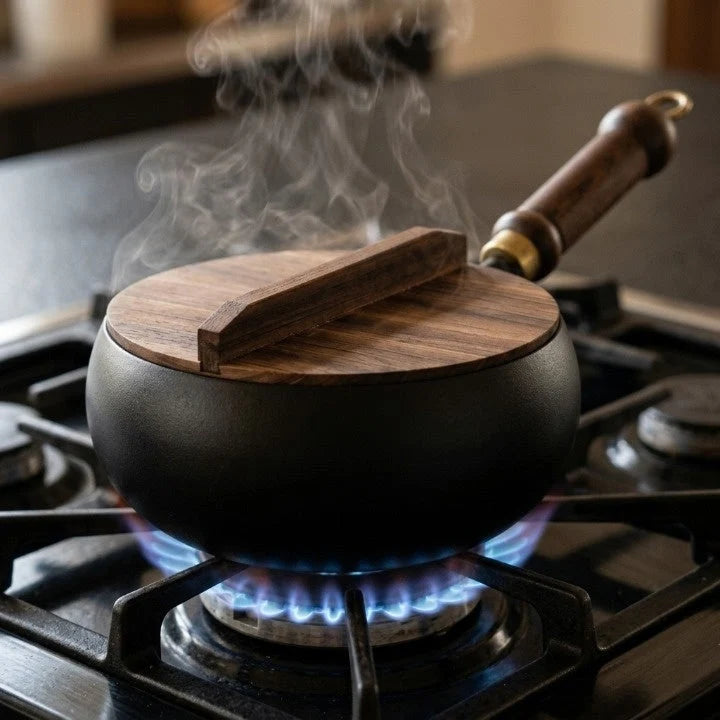 Cast Iron Pan Wooden Lid Oven & Grill Safe