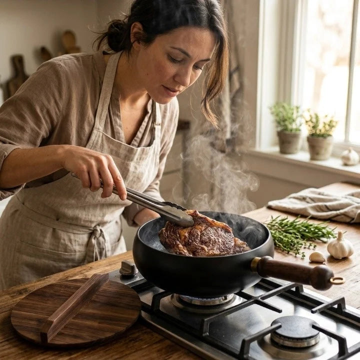Cast Iron Pan Wooden Lid Oven & Grill Safe