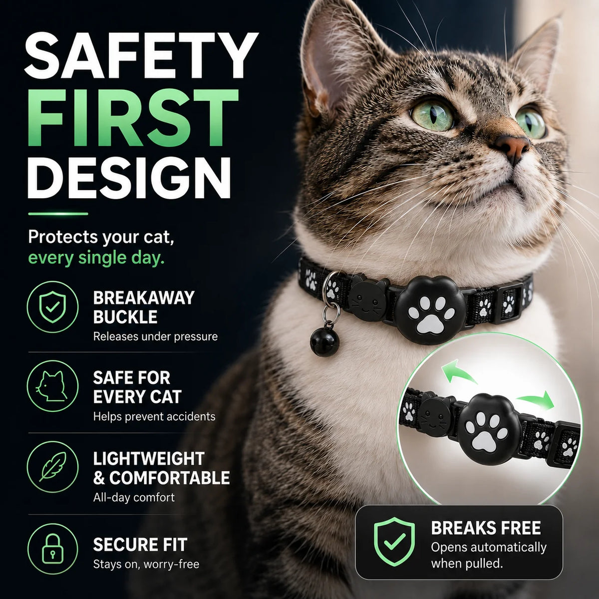 Cat Collar GPS Tracking Reflective Water-Resistant Silicone