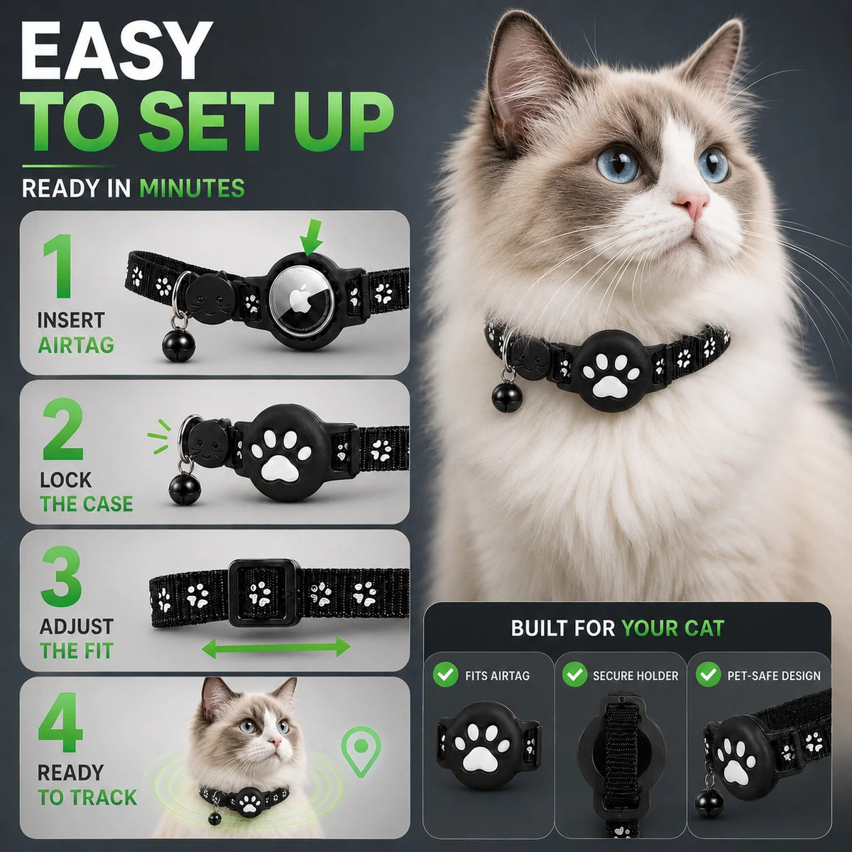 Cat Collar GPS Tracking Reflective Water-Resistant Silicone