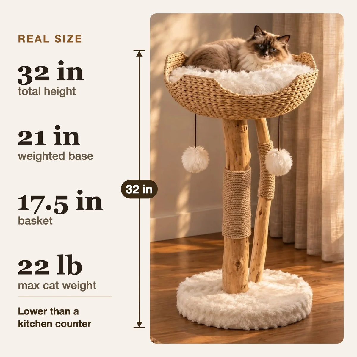 Cat Tree 32-Inch Woven Basket Natural Branches
