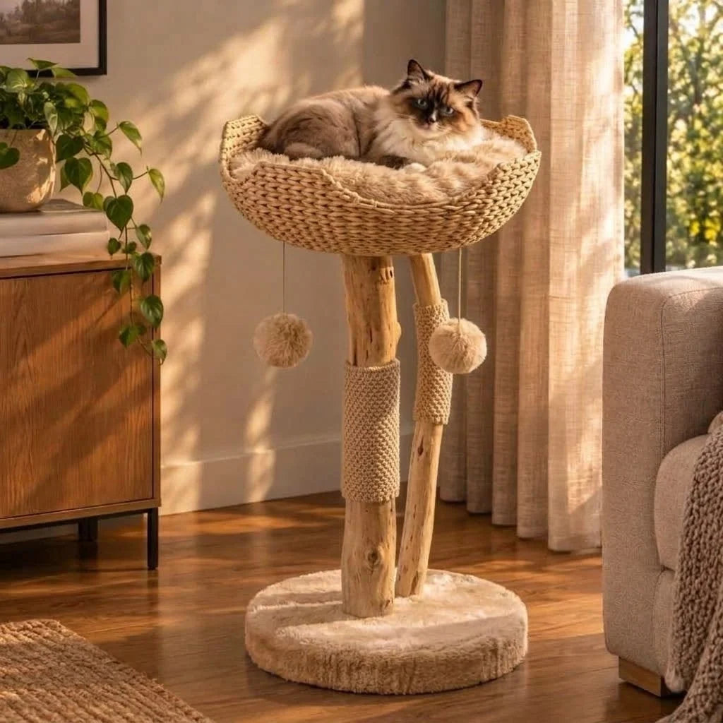 Cat Tree 32-Inch Woven Basket Natural Branches