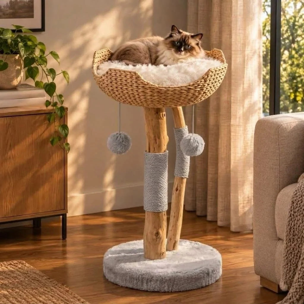 Cat Tree 32-Inch Woven Basket Natural Branches
