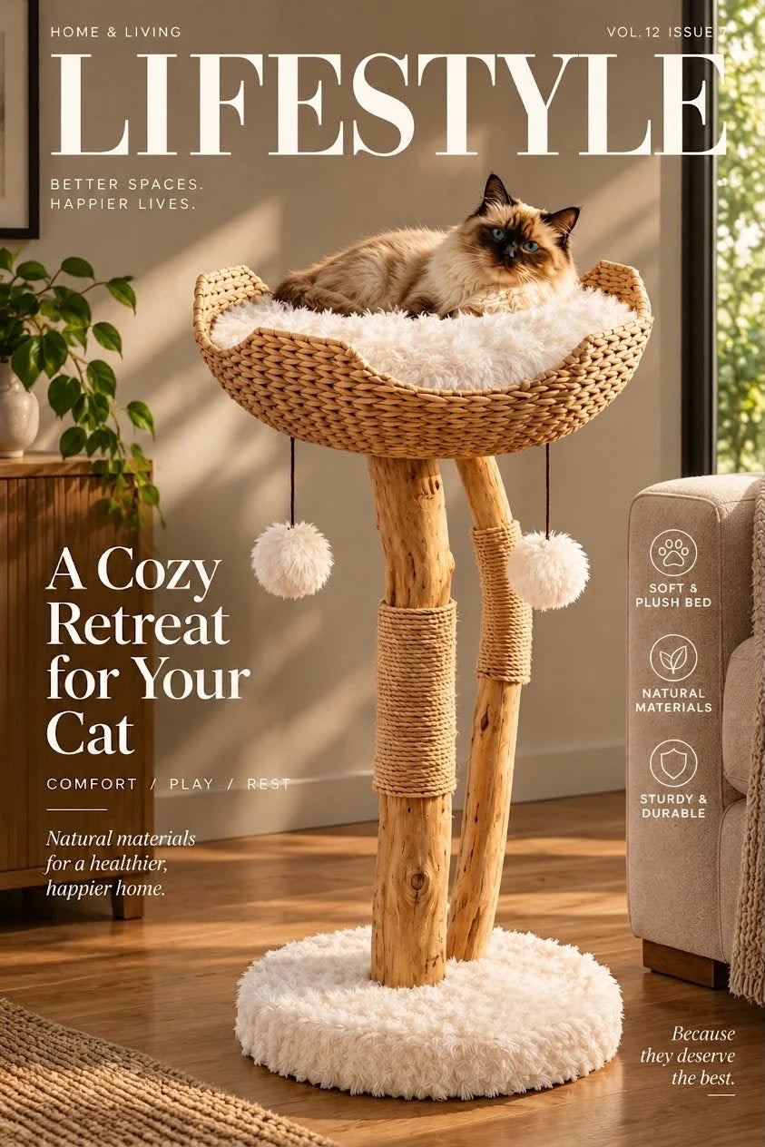 Cat Tree 32-Inch Woven Basket Natural Branches