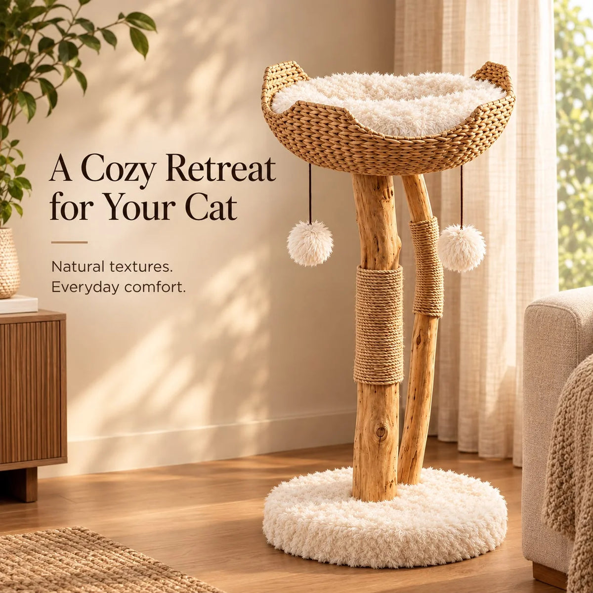 Cat Tree 32-Inch Woven Basket Natural Branches
