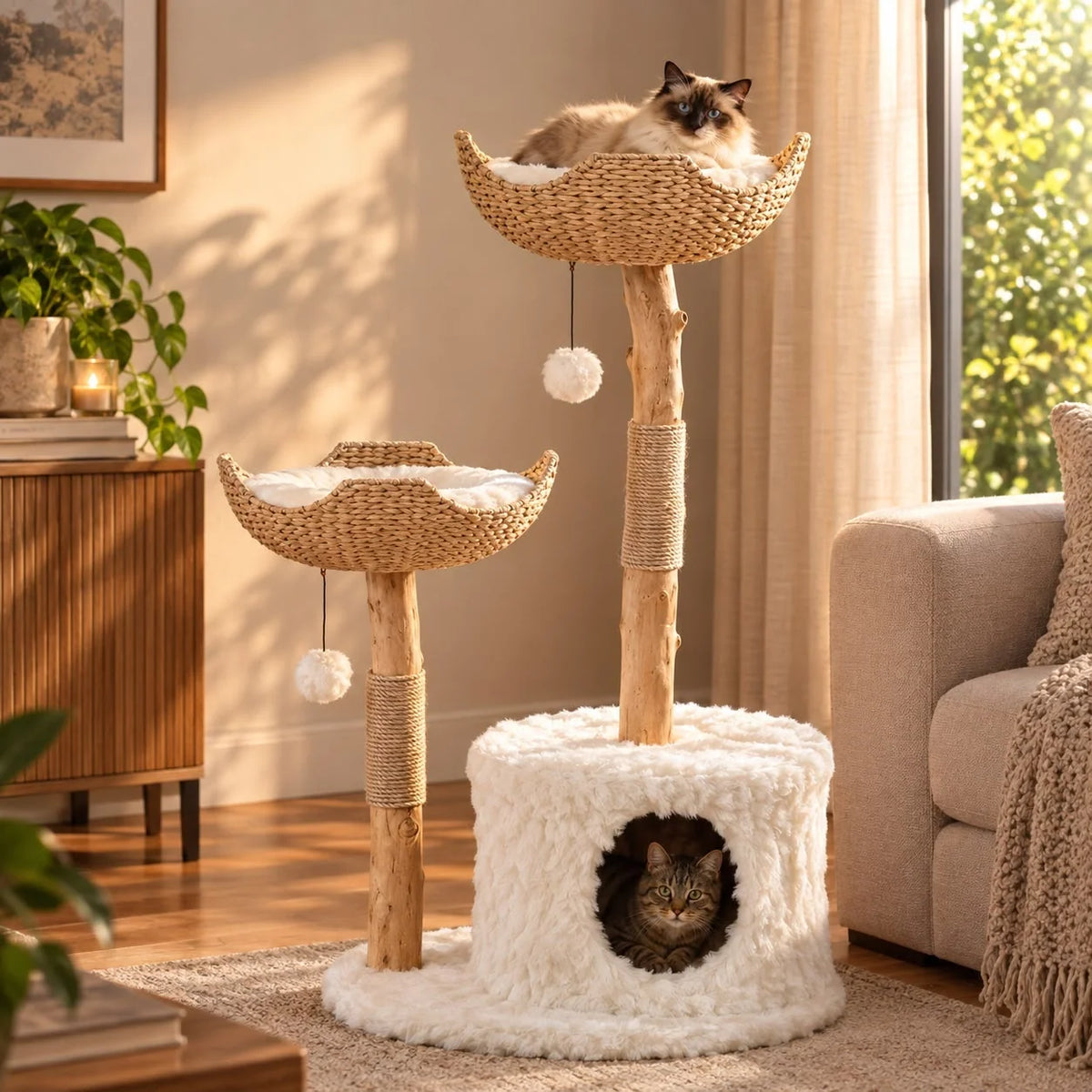 Cat Tree Natural Branches Woven Baskets & Cozy Cave