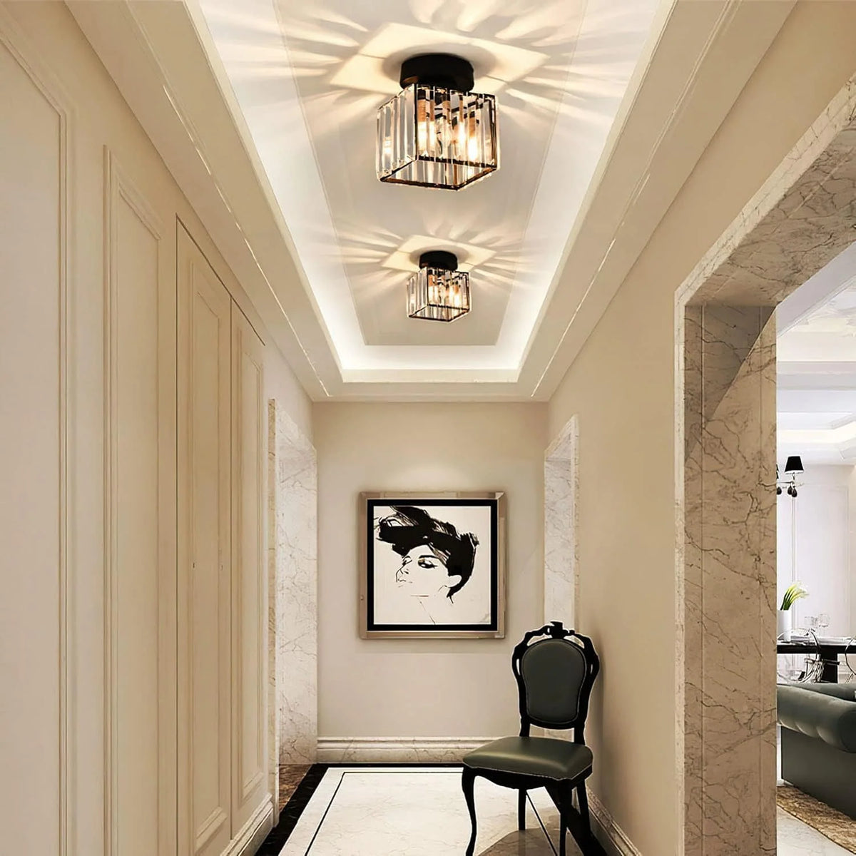 Ceiling Light Low-Profile Faceted Crystal Glass E27 Socket