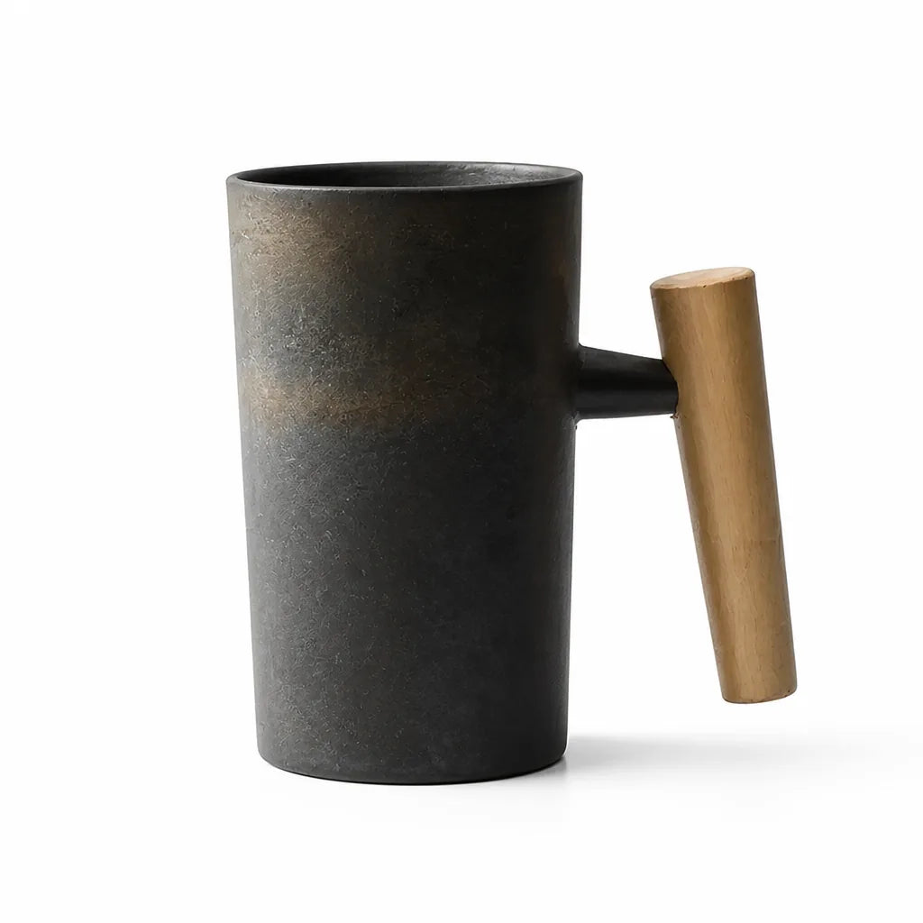 Ceramic Coffee Mug Handcrafted Wooden Handle 245ml