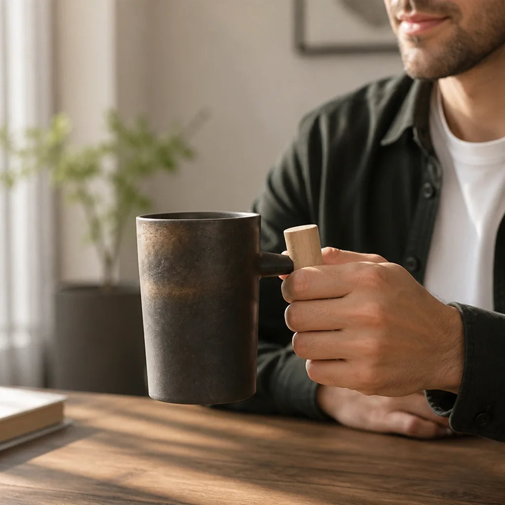 Ceramic Coffee Mug Handcrafted Wooden Handle 245ml