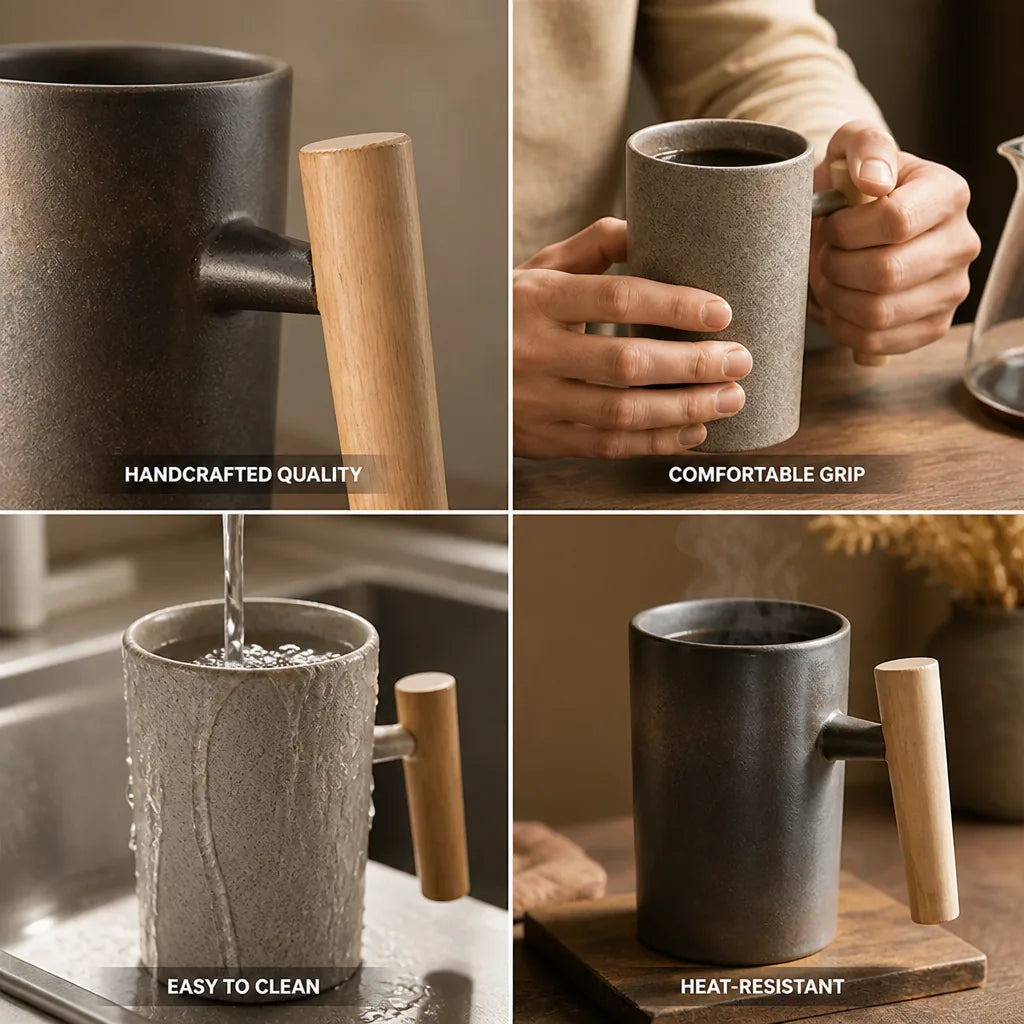 Ceramic Coffee Mug Handcrafted Wooden Handle 245ml