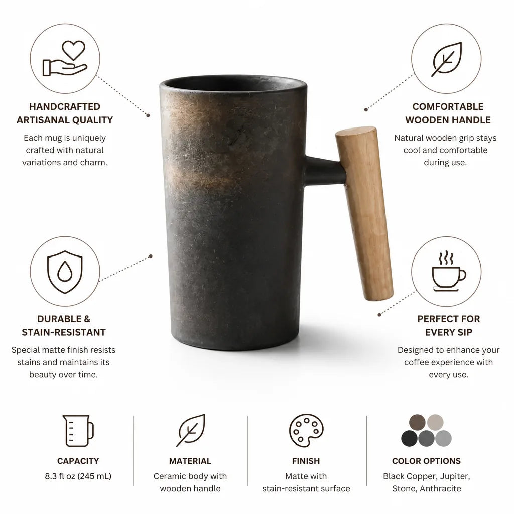 Ceramic Coffee Mug Handcrafted Wooden Handle 245ml