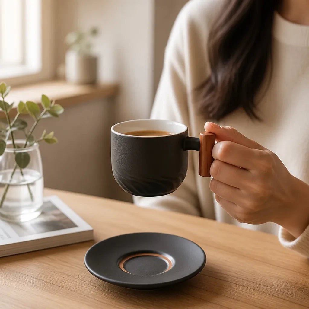 Ceramic Espresso Cup Cool-Touch Wooden Handle 180ml
