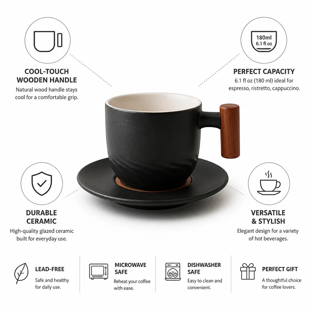 Ceramic Espresso Cup Cool-Touch Wooden Handle 180ml