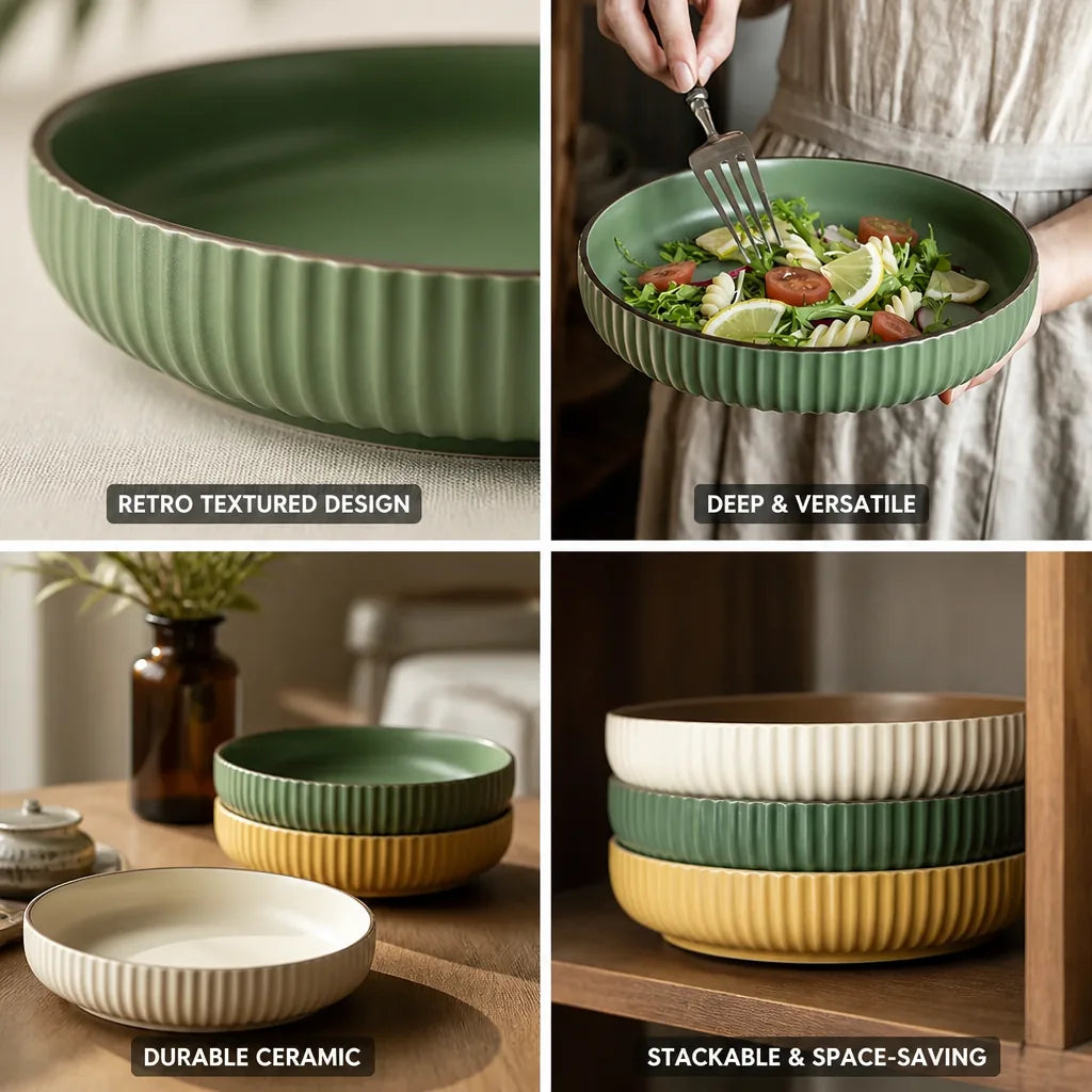 Ceramic Serving Plate Hand-Glazed Striped Edge