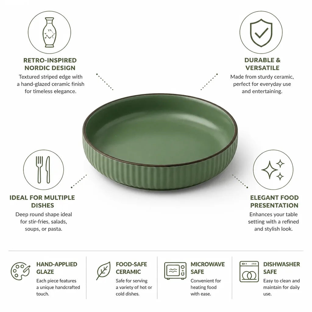 Ceramic Serving Plate Hand-Glazed Striped Edge