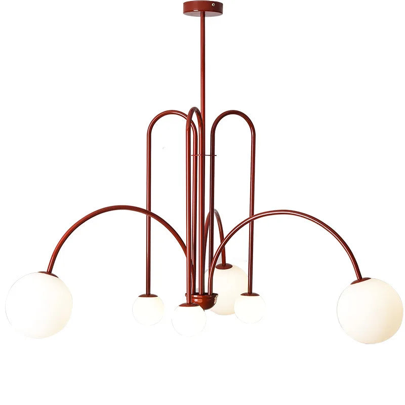 Chandelier Frosted Glass Globes Sculptural Curved Metal Frame