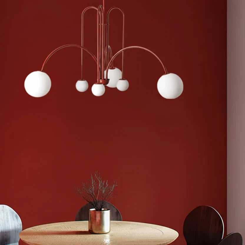 Chandelier Frosted Glass Globes Sculptural Curved Metal Frame