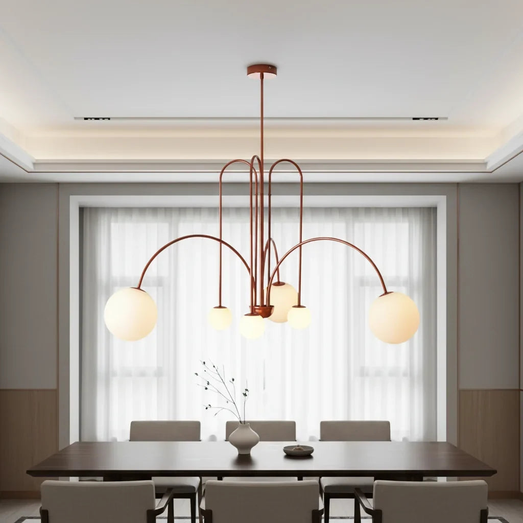 Chandelier Frosted Glass Globes Sculptural Curved Metal Frame