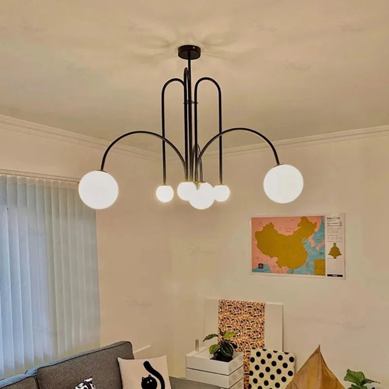 Chandelier Frosted Glass Globes Sculptural Curved Metal Frame
